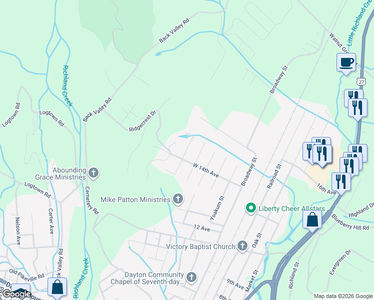 map of restaurants, bars, coffee shops, grocery stores, and more near 108 Ridgecrest Drive in Dayton