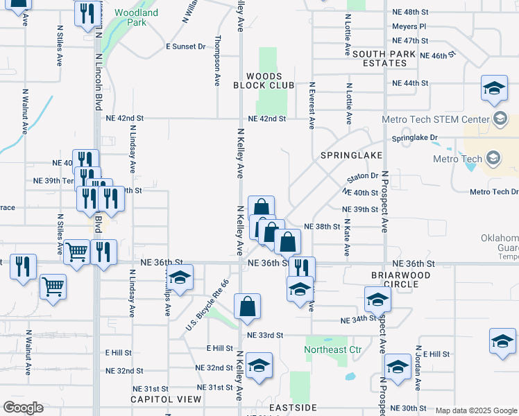 map of restaurants, bars, coffee shops, grocery stores, and more near 3848 North Kelley Avenue in Oklahoma City