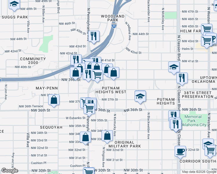 map of restaurants, bars, coffee shops, grocery stores, and more near 1940 Northwest 39th Street in Oklahoma City