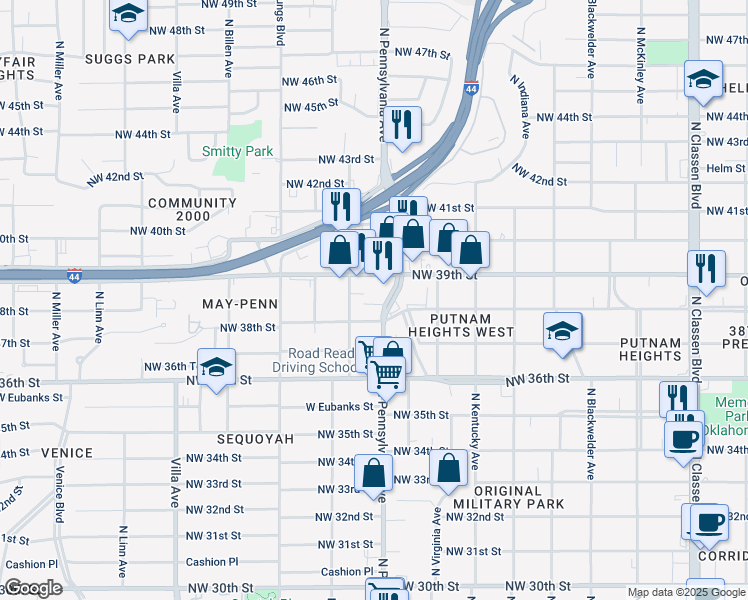 map of restaurants, bars, coffee shops, grocery stores, and more near 2114 Northwest 39th Street in Oklahoma City