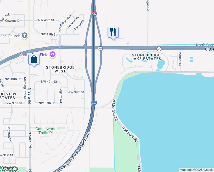 map of restaurants, bars, coffee shops, grocery stores, and more near 10147-10299 North Overholser Drive in Yukon