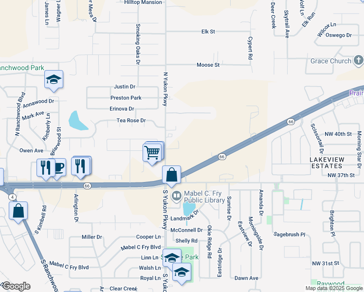 map of restaurants, bars, coffee shops, grocery stores, and more near 4100 North Mustang Road in Yukon
