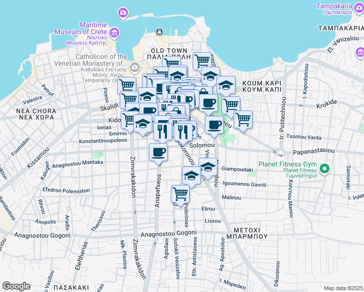 map of restaurants, bars, coffee shops, grocery stores, and more near 1 Markou Mpotsari in Chania