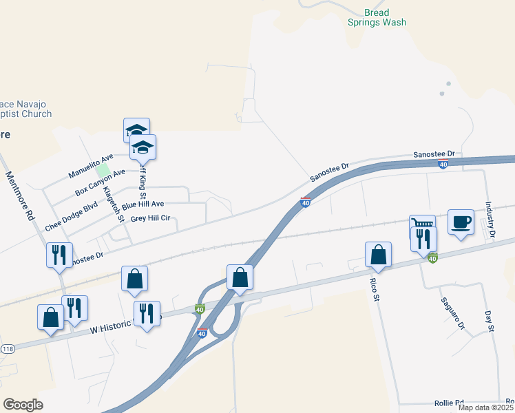 map of restaurants, bars, coffee shops, grocery stores, and more near Sanostee Drive in Gallup