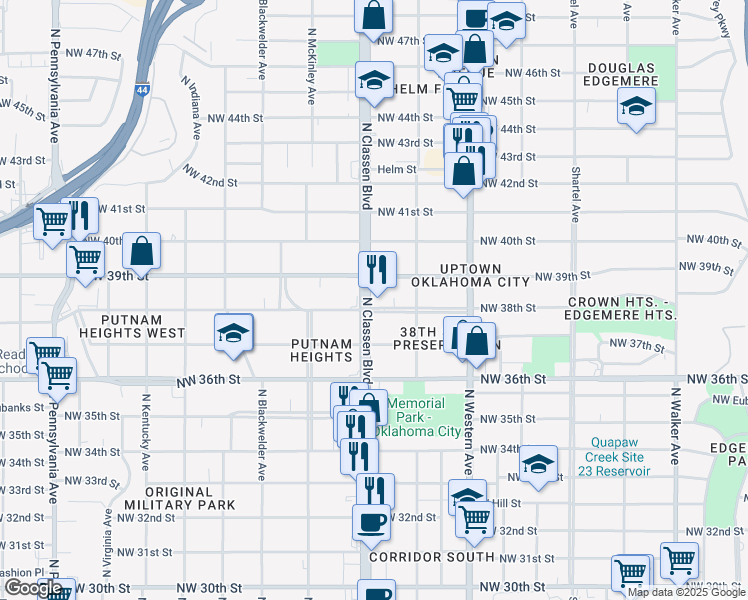 map of restaurants, bars, coffee shops, grocery stores, and more near 3920 North Classen Boulevard in Oklahoma City
