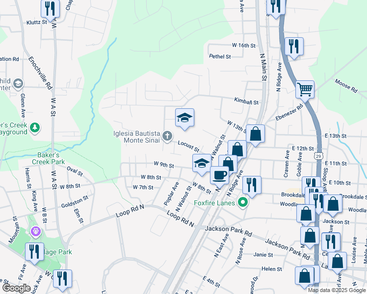 map of restaurants, bars, coffee shops, grocery stores, and more near Locust Street in Kannapolis