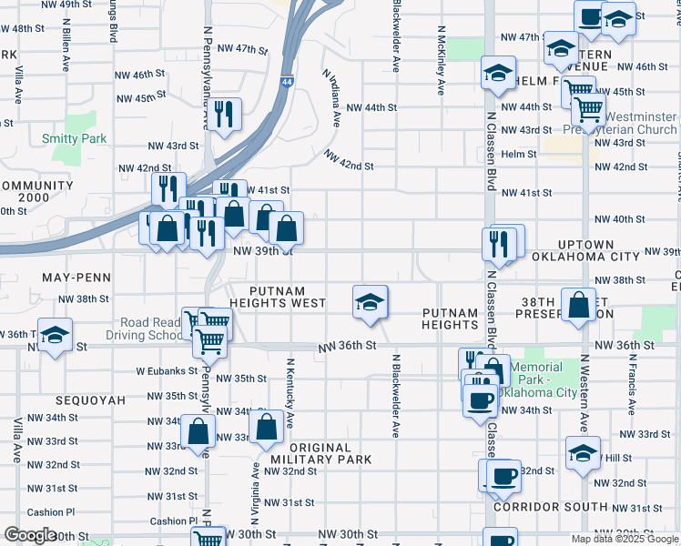 map of restaurants, bars, coffee shops, grocery stores, and more near 3914 North Indiana Avenue in Oklahoma City