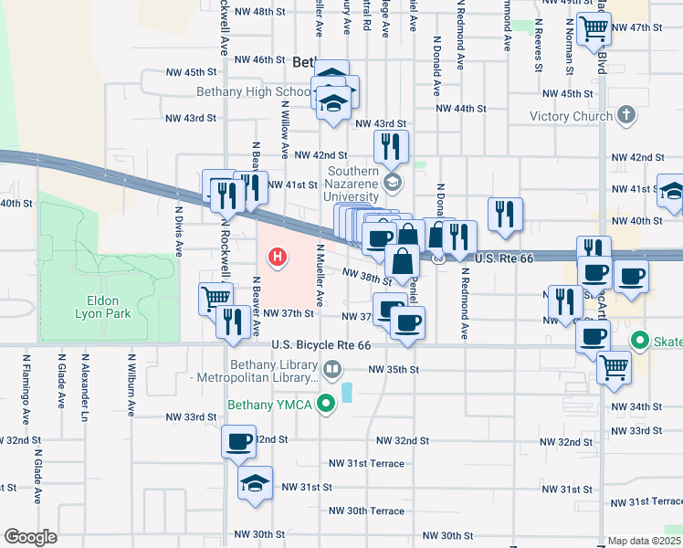 map of restaurants, bars, coffee shops, grocery stores, and more near 6713 NW 38th St in Bethany