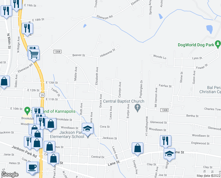 map of restaurants, bars, coffee shops, grocery stores, and more near 1203 Laura Avenue in Kannapolis
