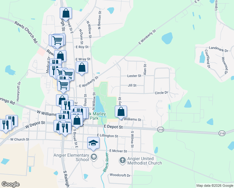 map of restaurants, bars, coffee shops, grocery stores, and more near 287 North Hickory Street in Angier