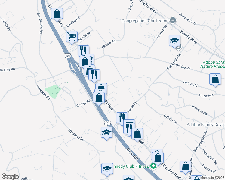 map of restaurants, bars, coffee shops, grocery stores, and more near 2405 El Camino Real in Atascadero