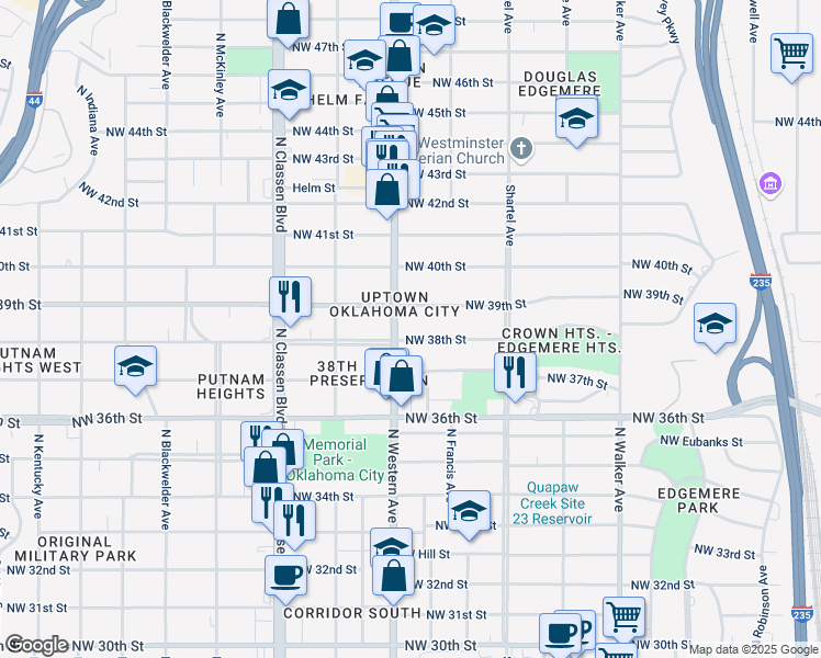 map of restaurants, bars, coffee shops, grocery stores, and more near 916 Northwest 39th Street in Oklahoma City