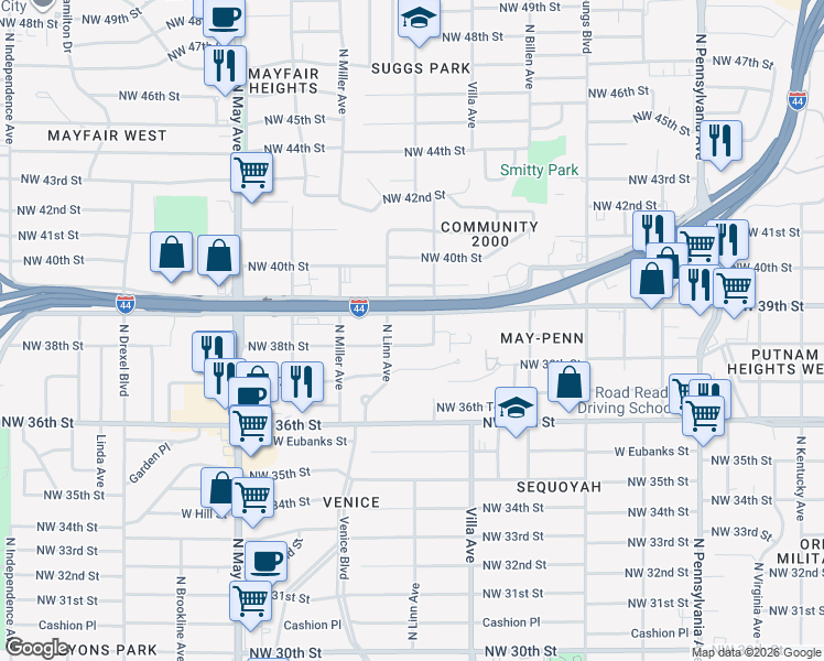 map of restaurants, bars, coffee shops, grocery stores, and more near in Oklahoma City