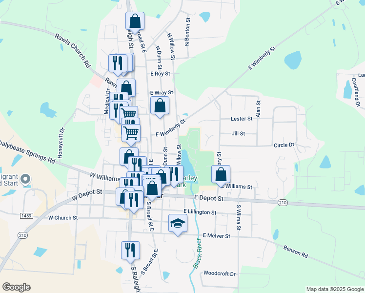 map of restaurants, bars, coffee shops, grocery stores, and more near 202 North Willow Street in Angier