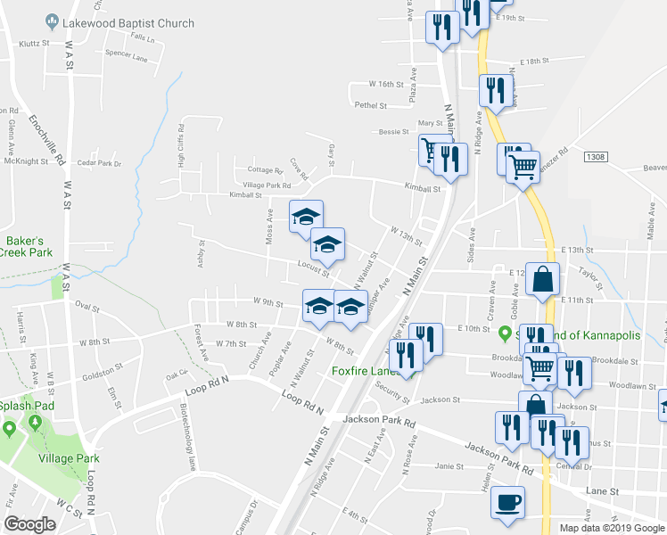 map of restaurants, bars, coffee shops, grocery stores, and more near 1301 Poplar Avenue in Kannapolis
