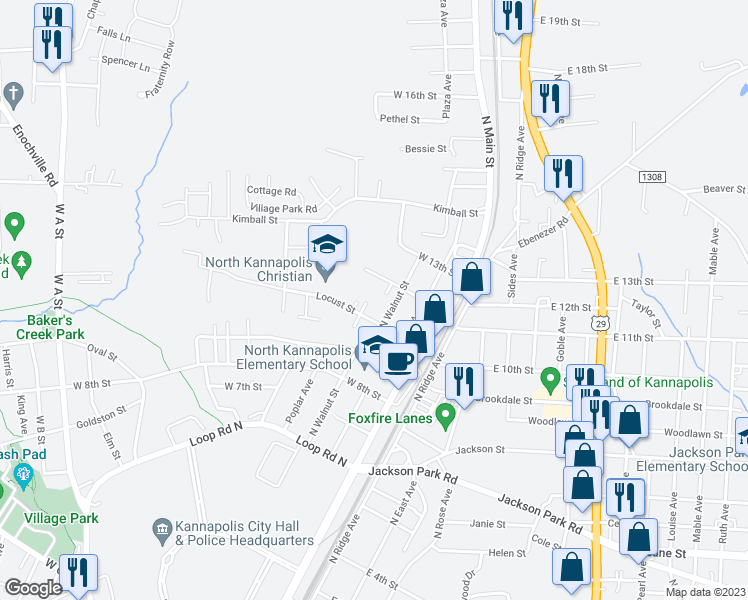 map of restaurants, bars, coffee shops, grocery stores, and more near 1102 Poplar Avenue in Kannapolis