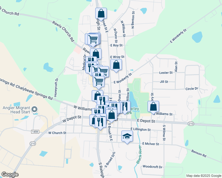 map of restaurants, bars, coffee shops, grocery stores, and more near 267 North Broad Street West in Angier