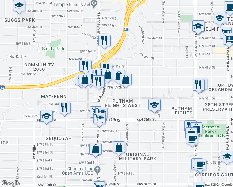 map of restaurants, bars, coffee shops, grocery stores, and more near 3910 North Virginia Avenue in Oklahoma City