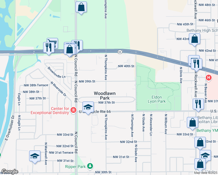 map of restaurants, bars, coffee shops, grocery stores, and more near in Woodlawn Park