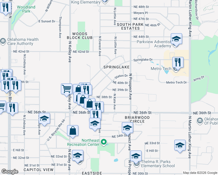 map of restaurants, bars, coffee shops, grocery stores, and more near 1300 Northeast 40th Street in Oklahoma City