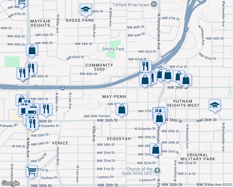 map of restaurants, bars, coffee shops, grocery stores, and more near 2342 Northwest 39th Street in Oklahoma City
