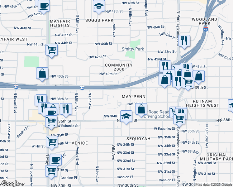 map of restaurants, bars, coffee shops, grocery stores, and more near 2424 Northwest 39th Street in Oklahoma City