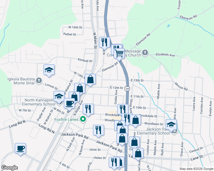 map of restaurants, bars, coffee shops, grocery stores, and more near 500 East 13th Street in Kannapolis