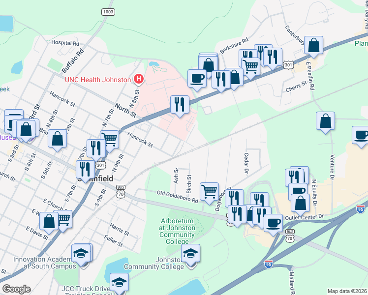 map of restaurants, bars, coffee shops, grocery stores, and more near 1206 North Street in Smithfield