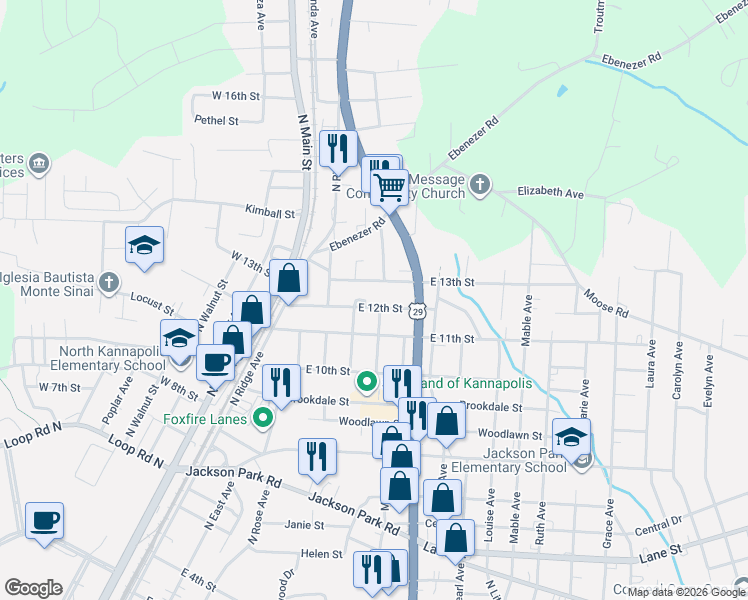 map of restaurants, bars, coffee shops, grocery stores, and more near 500 East 13th Street in Kannapolis