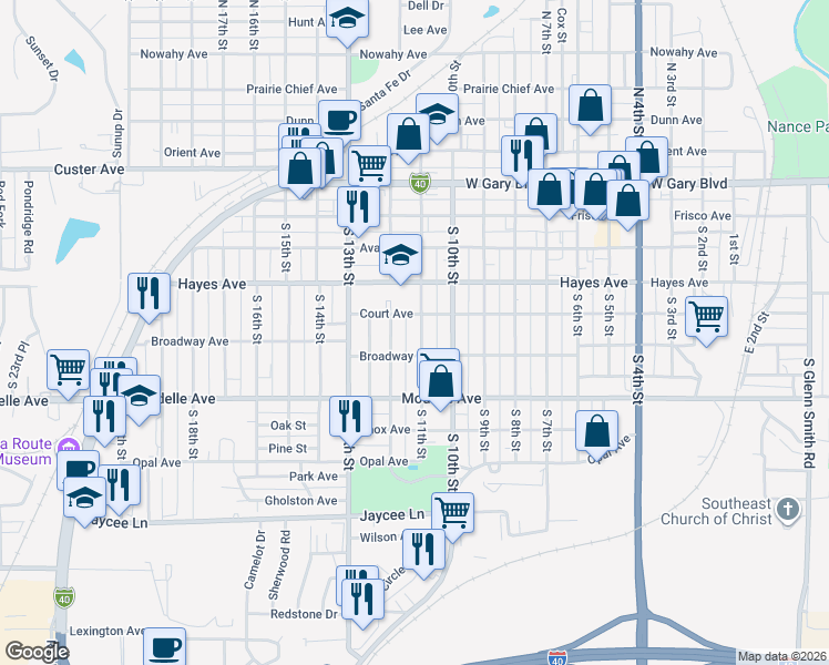 map of restaurants, bars, coffee shops, grocery stores, and more near 411 South 11th Street in Clinton