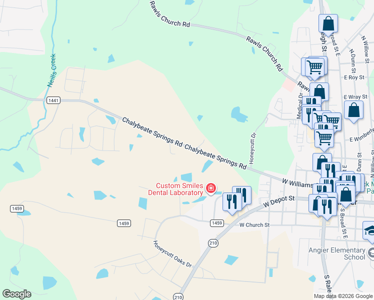 map of restaurants, bars, coffee shops, grocery stores, and more near 779 Chalybeate Springs Road in Angier