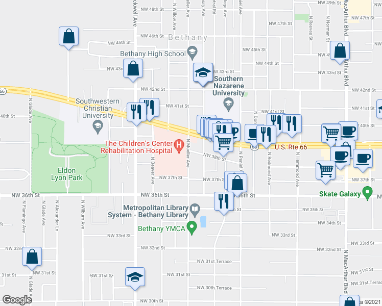 map of restaurants, bars, coffee shops, grocery stores, and more near 6728 Northwest 38th Street in Bethany
