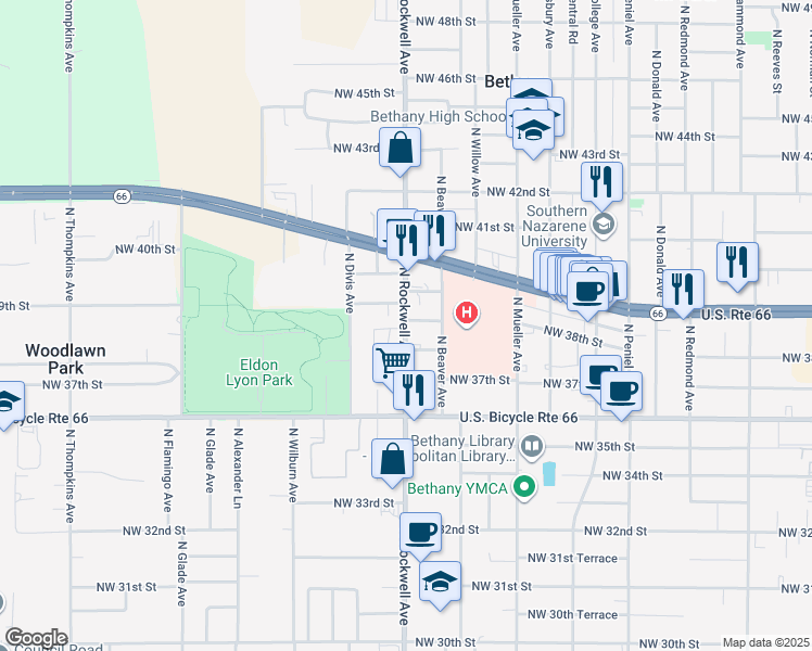 map of restaurants, bars, coffee shops, grocery stores, and more near 3914 North Rockwell Avenue in Bethany