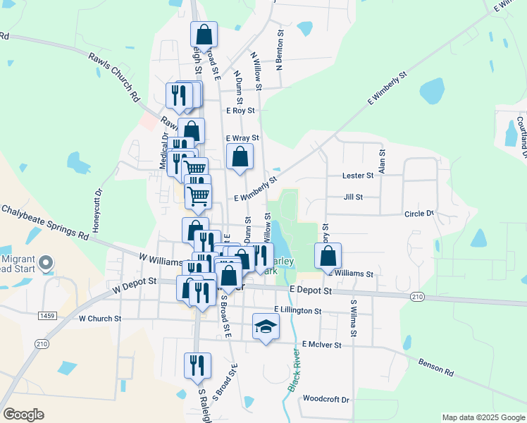 map of restaurants, bars, coffee shops, grocery stores, and more near 265 North Willow Street in Angier