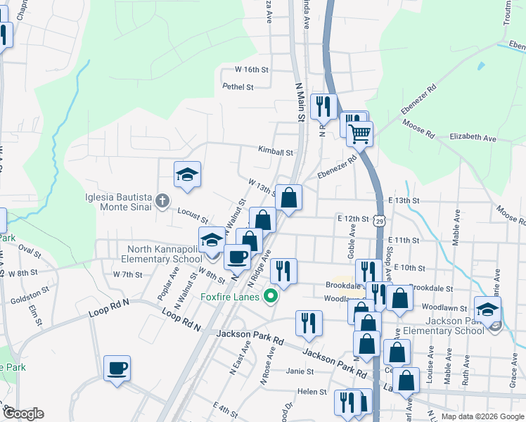 map of restaurants, bars, coffee shops, grocery stores, and more near 1202 North Juniper Avenue in Kannapolis