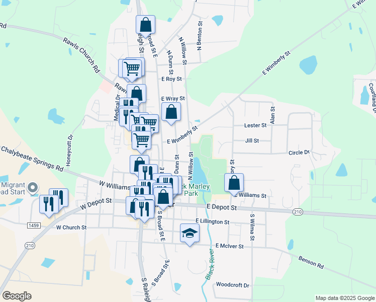map of restaurants, bars, coffee shops, grocery stores, and more near 265 North Willow Street in Angier