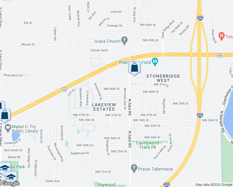 map of restaurants, bars, coffee shops, grocery stores, and more near 10625 Northwest 40th Terrace in Yukon