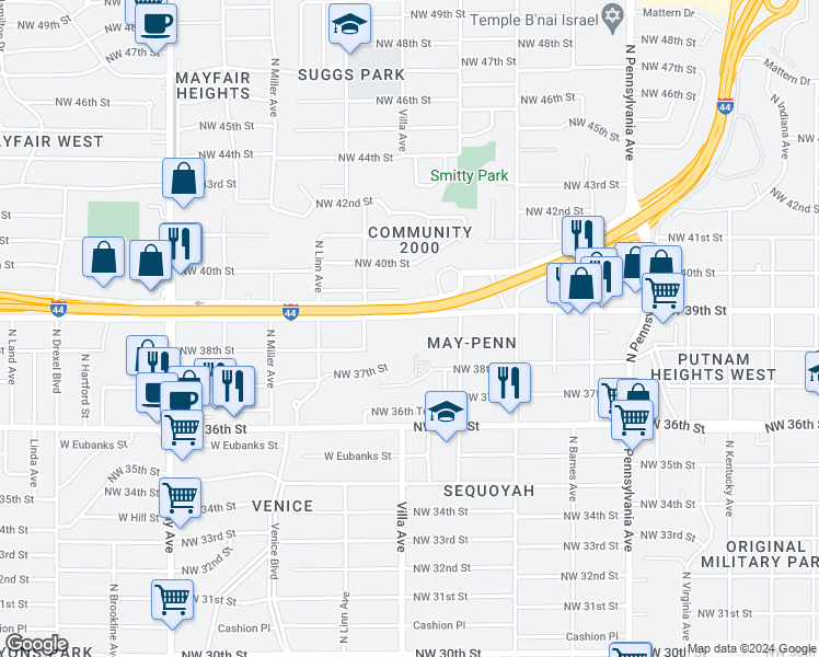 map of restaurants, bars, coffee shops, grocery stores, and more near 2442 Northwest 39th Street in Oklahoma City