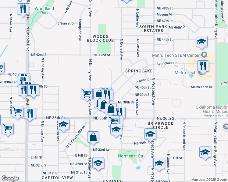 map of restaurants, bars, coffee shops, grocery stores, and more near 3901 Springlake Drive in Oklahoma City