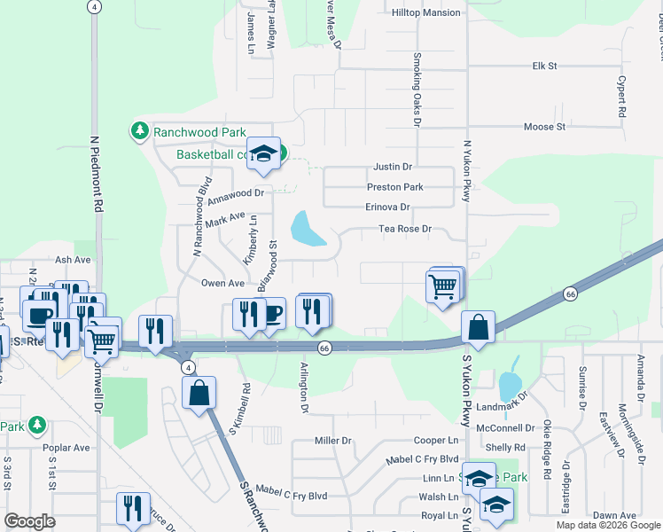 map of restaurants, bars, coffee shops, grocery stores, and more near 4016 Monticello Court in Yukon