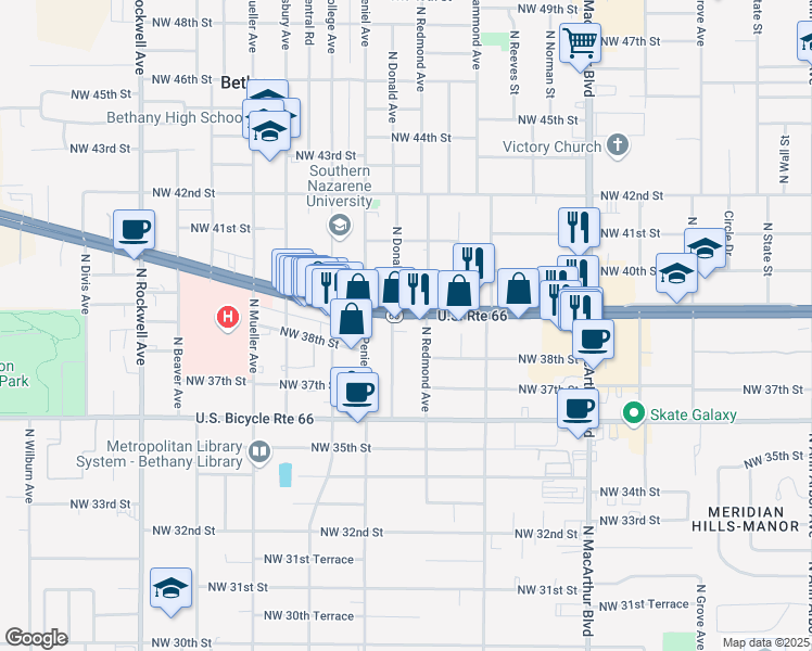map of restaurants, bars, coffee shops, grocery stores, and more near 6416 Northwest 39th Expressway in Bethany