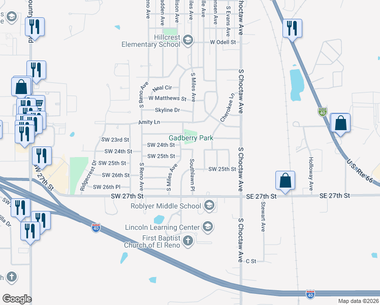 map of restaurants, bars, coffee shops, grocery stores, and more near 2400 Southlawn Place in El Reno