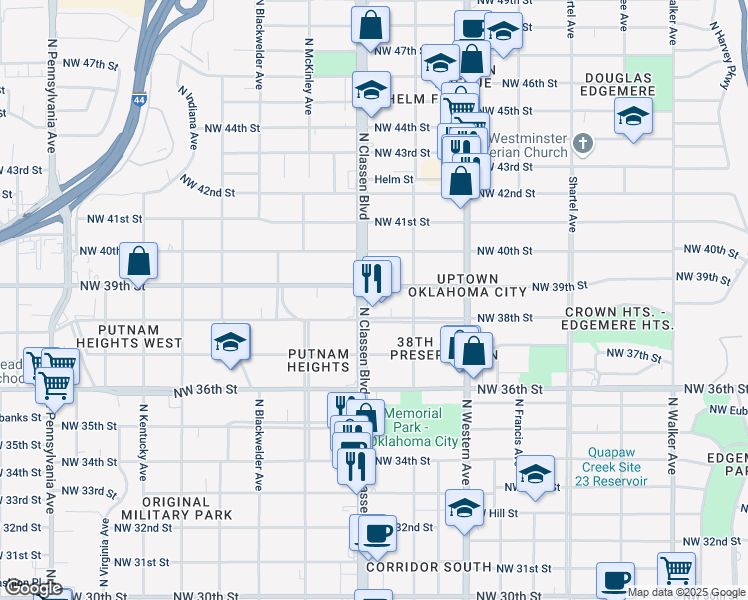 map of restaurants, bars, coffee shops, grocery stores, and more near 3920 North Classen Boulevard in Oklahoma City