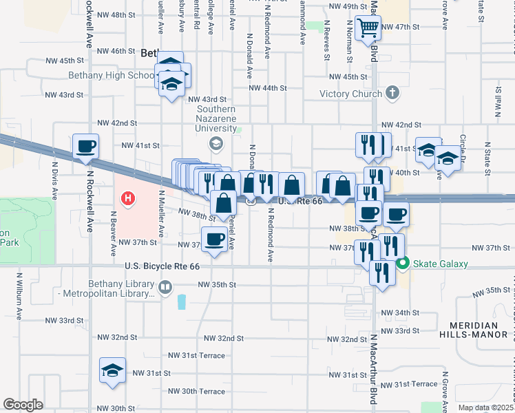 map of restaurants, bars, coffee shops, grocery stores, and more near 6416 Northwest 39th Expressway in Bethany