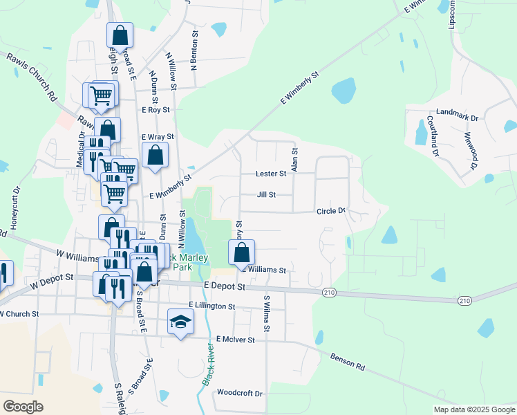 map of restaurants, bars, coffee shops, grocery stores, and more near 405 Circle Drive in Angier