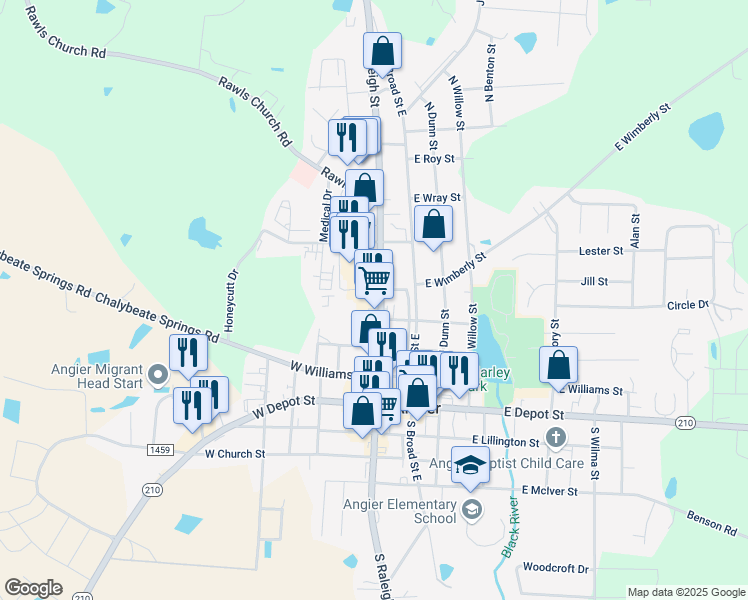 map of restaurants, bars, coffee shops, grocery stores, and more near 253 North Raleigh Street in Angier
