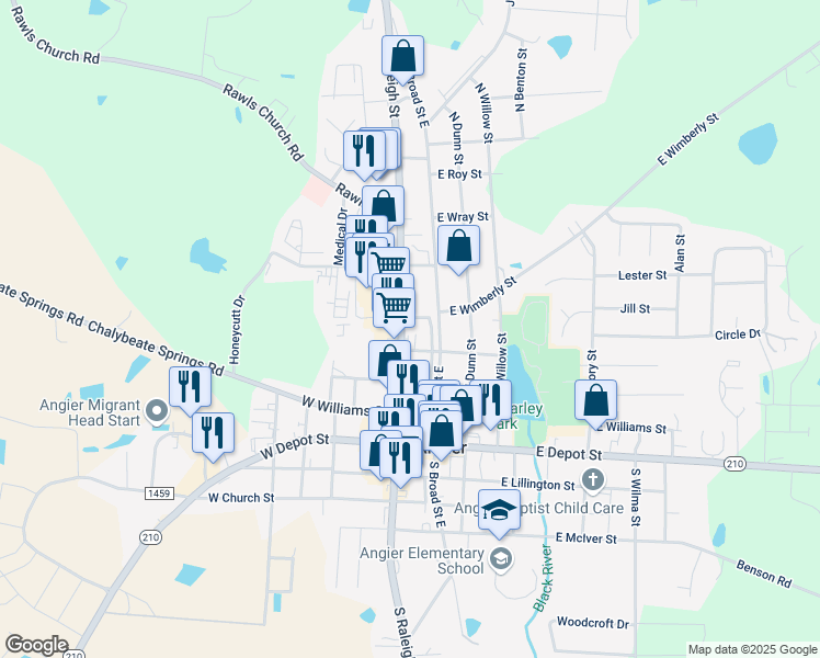 map of restaurants, bars, coffee shops, grocery stores, and more near 253 North Raleigh Street in Angier