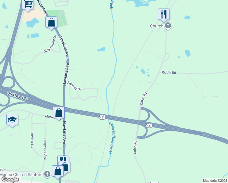 map of restaurants, bars, coffee shops, grocery stores, and more near 648 Fairway Drive in Sanford