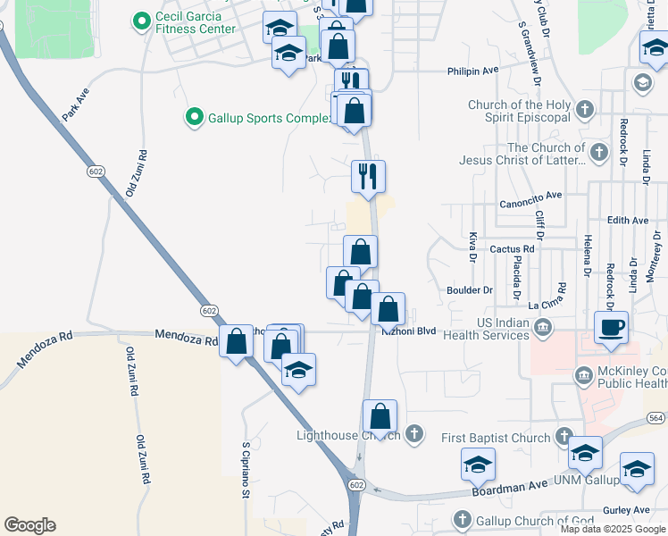 map of restaurants, bars, coffee shops, grocery stores, and more near 1709 Elm Circle in Gallup