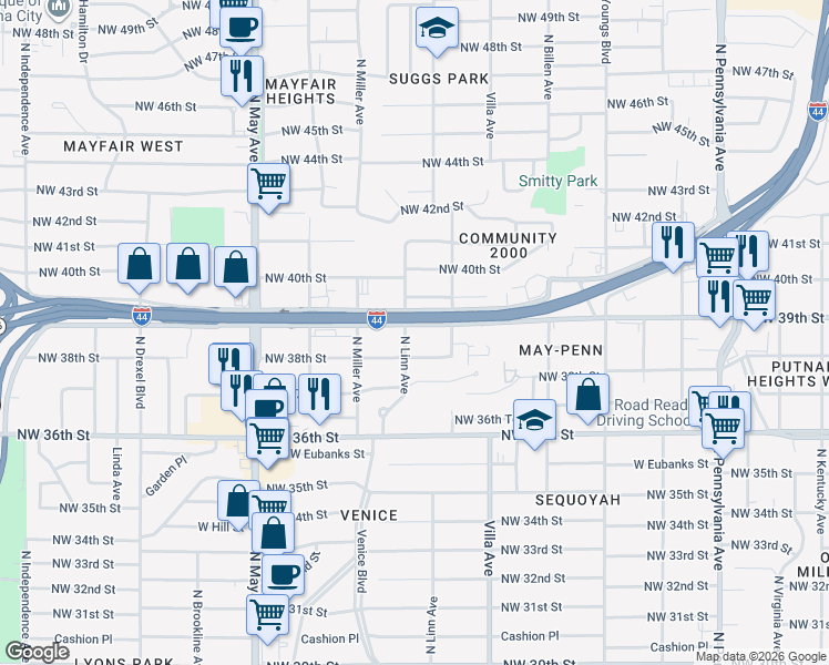 map of restaurants, bars, coffee shops, grocery stores, and more near 2600 Northwest 39th Street in Oklahoma City